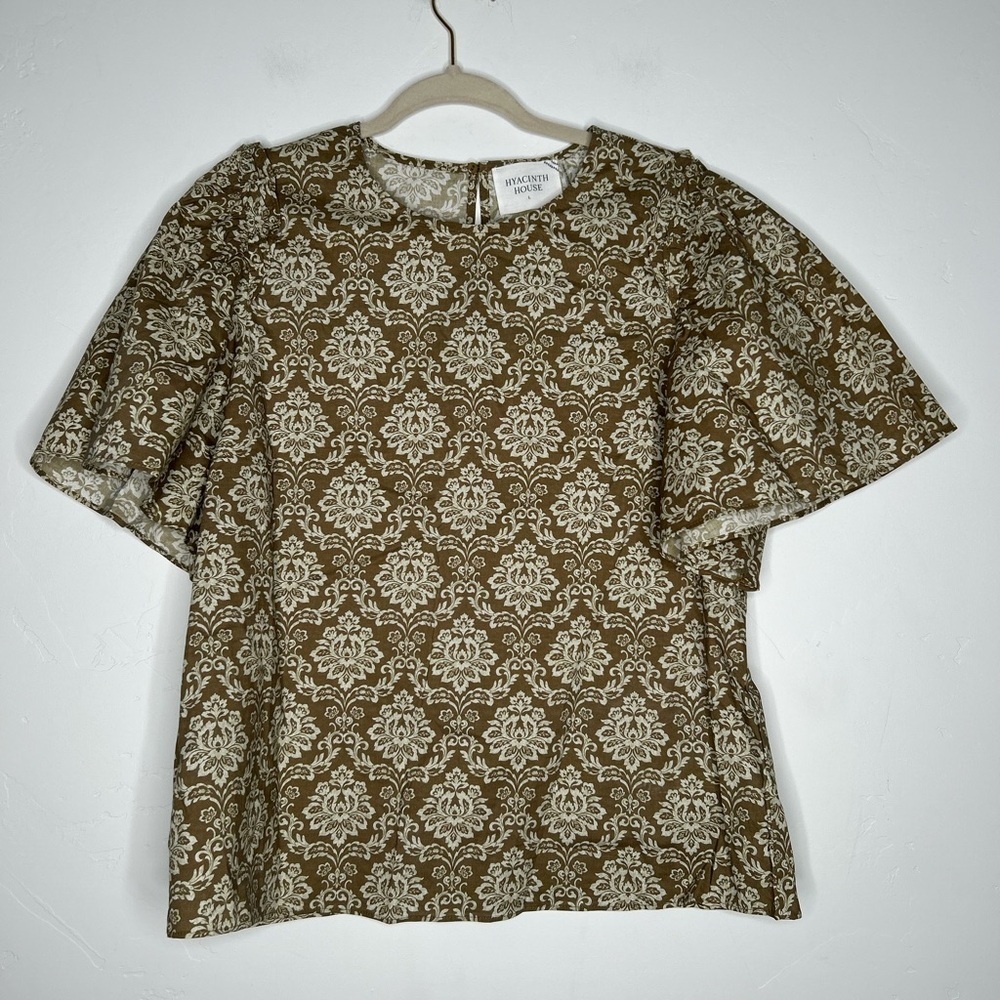 Tuckernuck Hyacinth House Olive Damask‎ Floral Blouse Size Large 100% Cotton